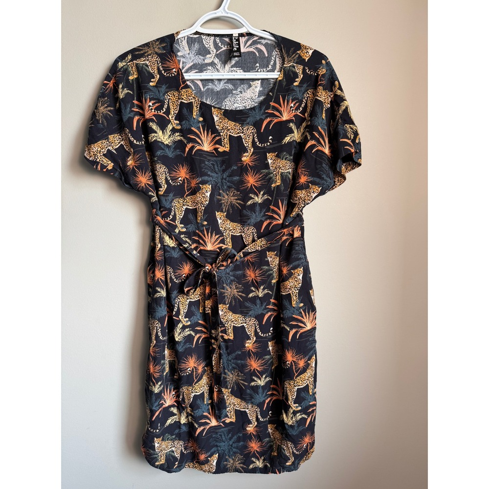 Zakile Womens Black African Jungle Print Shift Dress L Safari Pockets Resort Art